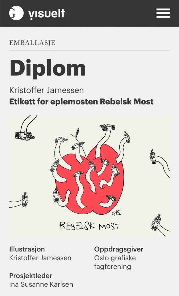 Diplom fra Visueltprisen 2026 for etiketten Kristoffer Jamessen designet til Rebelsk Most. Designet av Oslo Grafiske Fagforening sitt medlem.