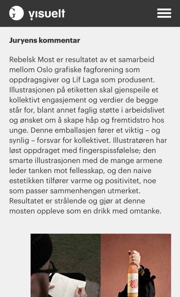 Diplom fra Visueltprisen 2026 for etiketten Kristoffer Jamessen designet til Rebelsk Most. Designet av Oslo Grafiske Fagforening sitt medlem.